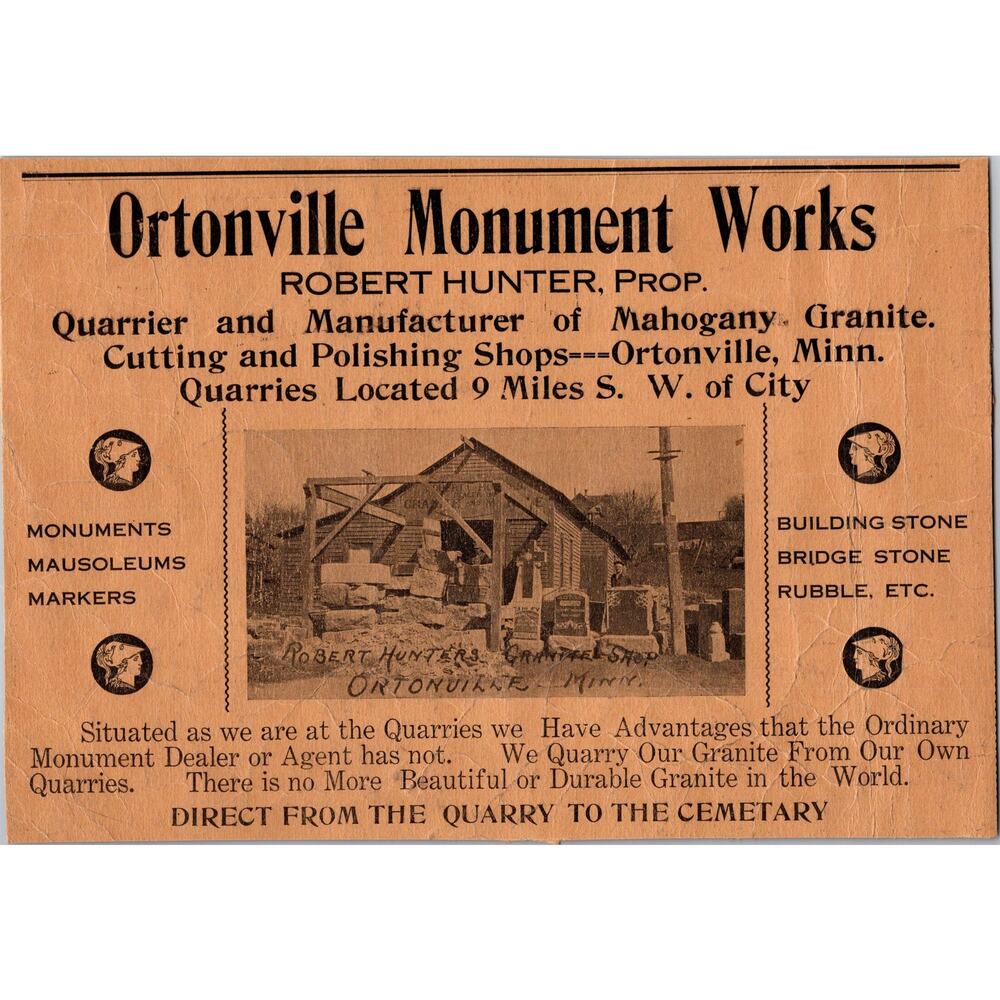 Ortonville Monument Works Robert Hunter 1913 Big Stone County MN Ad SAJ6-10 - Picture 2 of 2
